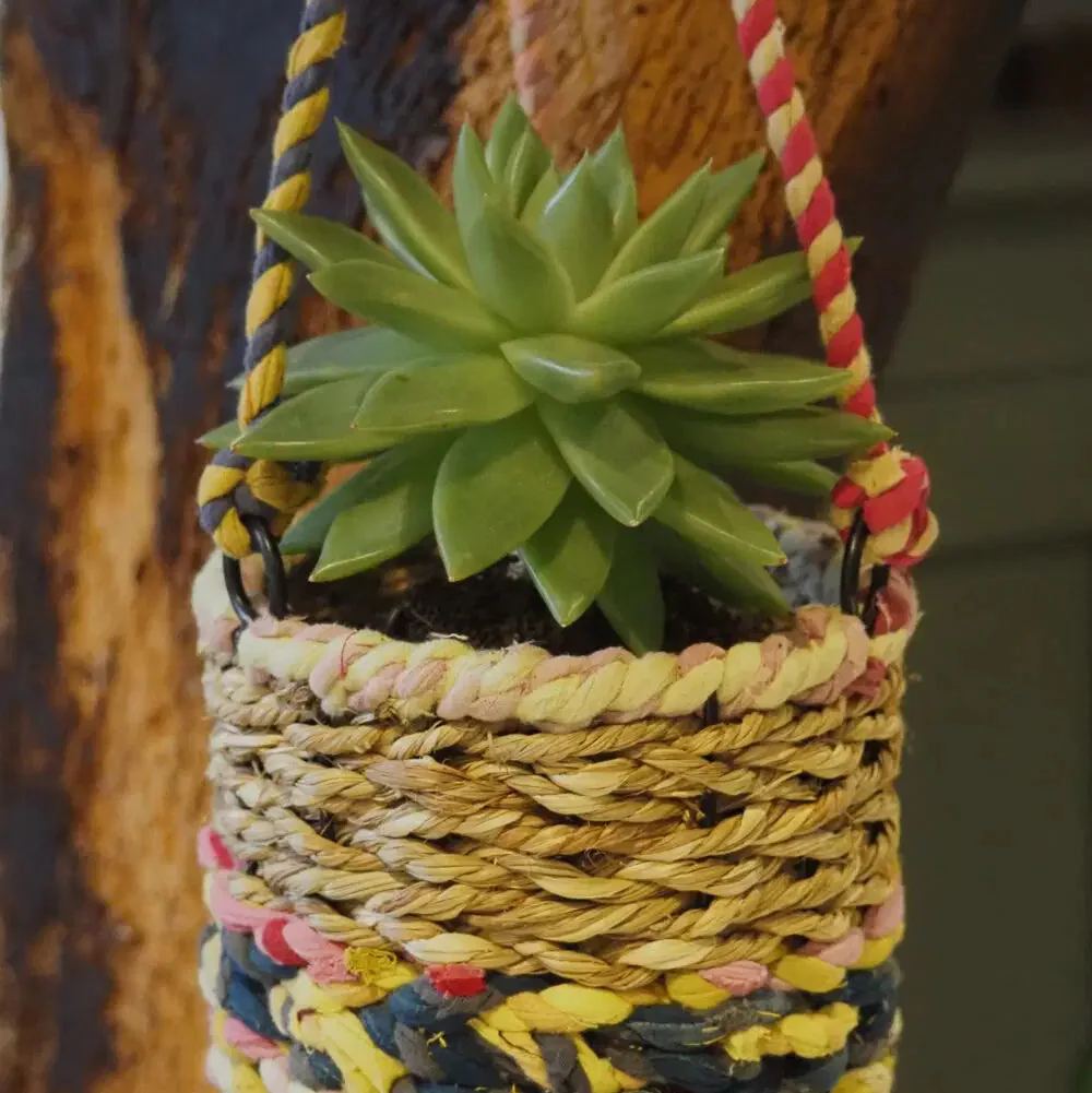 Munja and Reclaimed Fabric Eco Hanging Planter – Small - Image 2