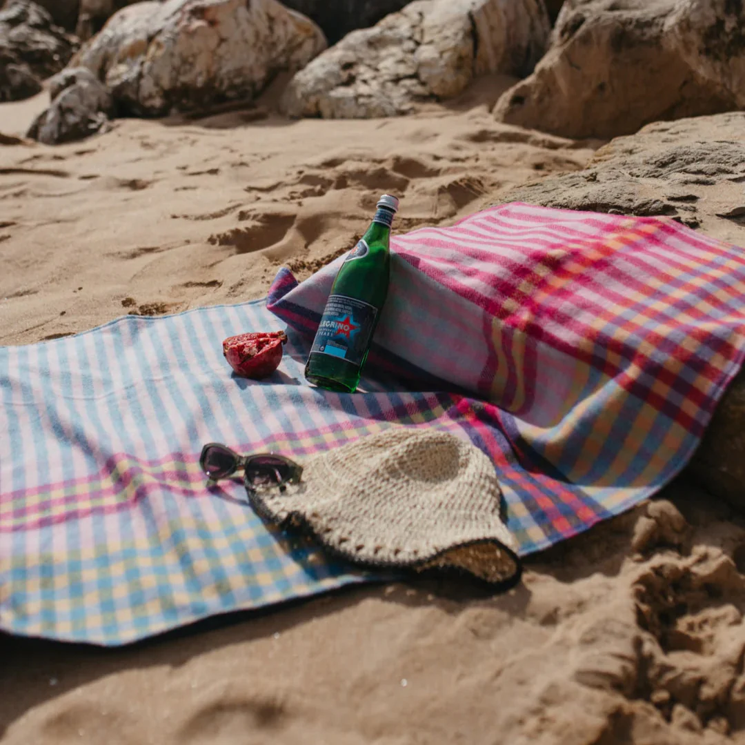 Recycled Wool Small Picnic Blanket in Pink Micro Gingham - Image 3